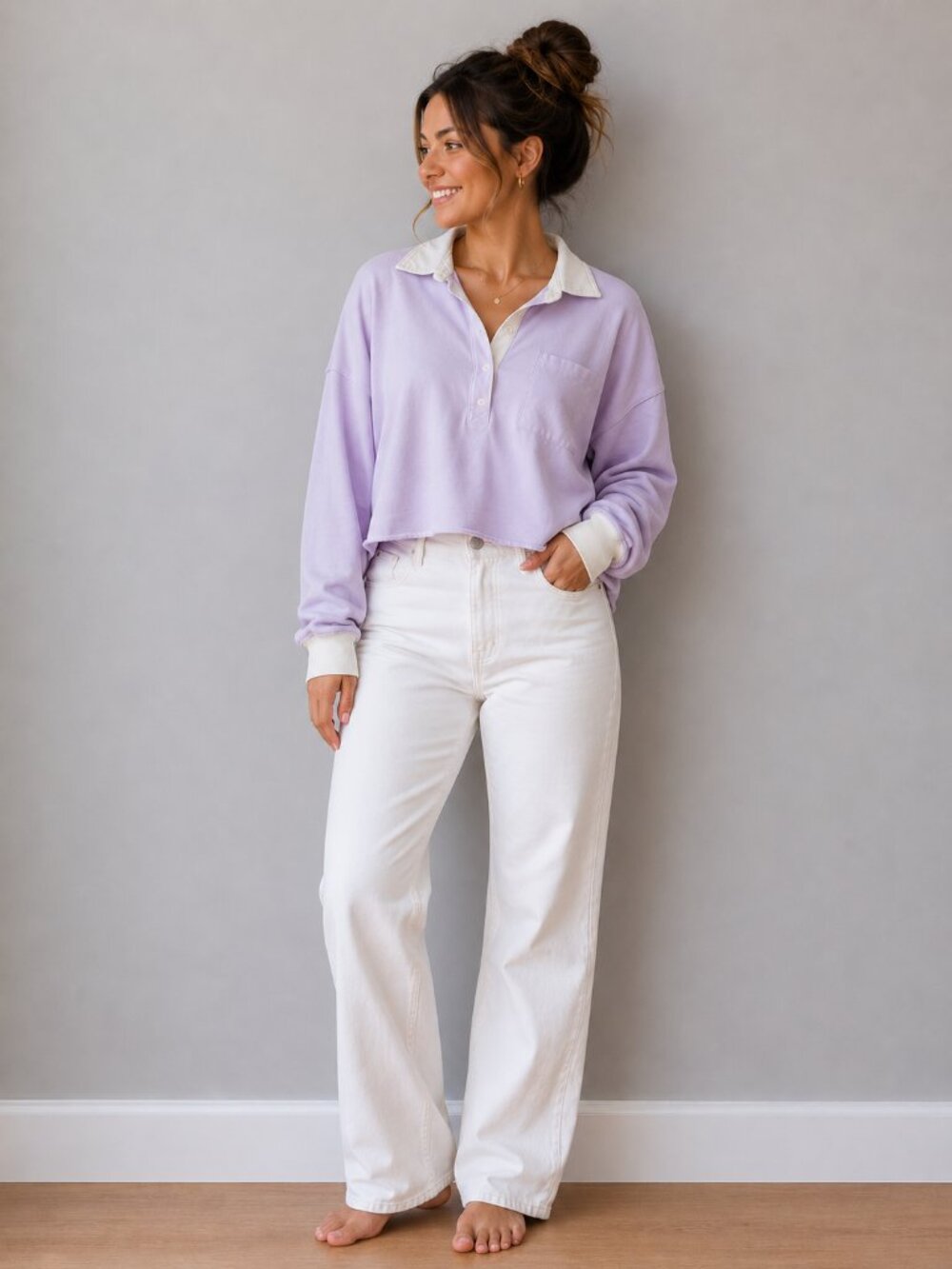 aerie Lavender Knit Top with White Trim Collar